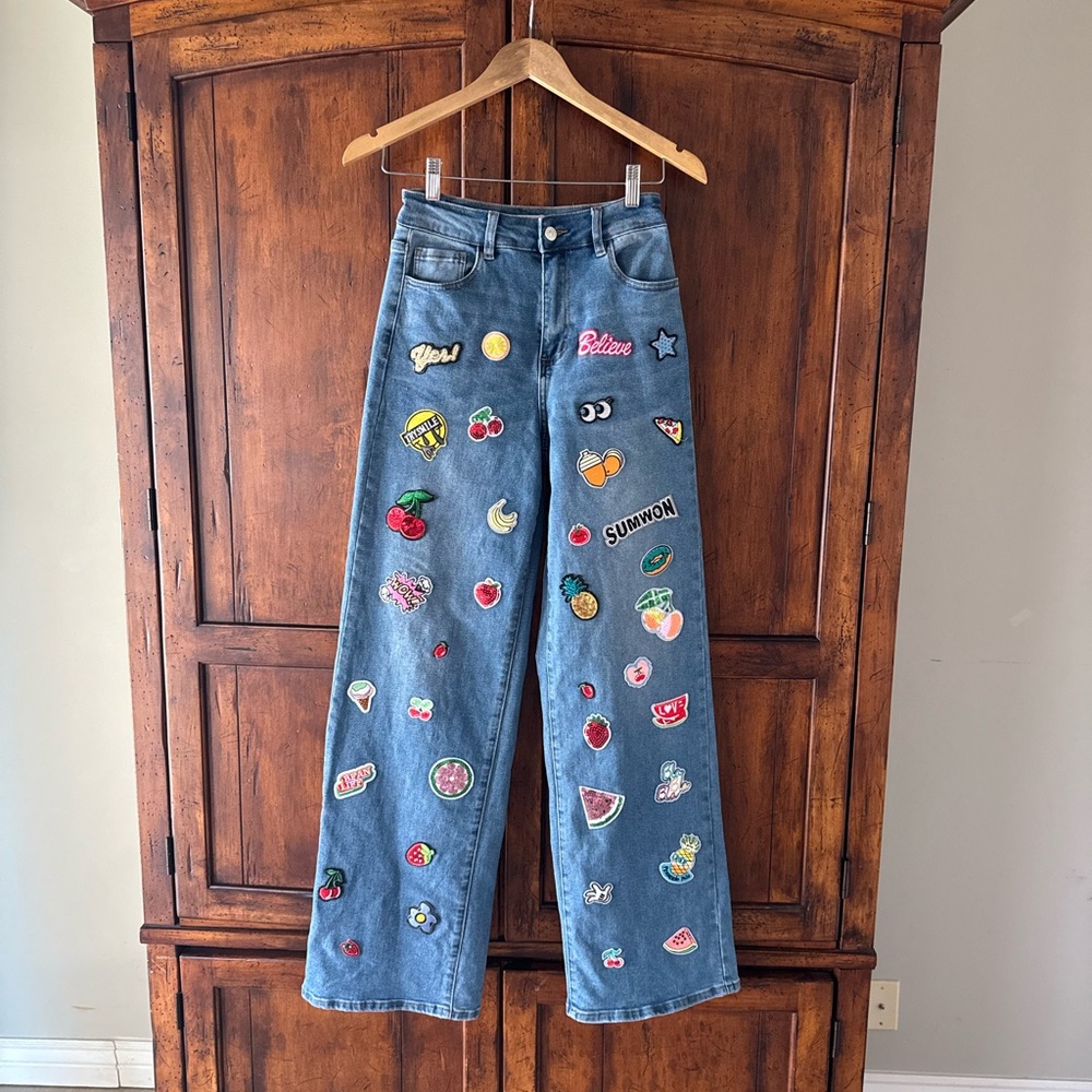 Muy Muy Blue Wide-Leg Embroidered Patch Jeans Kidcore Maximalist Y2K Indie Pop